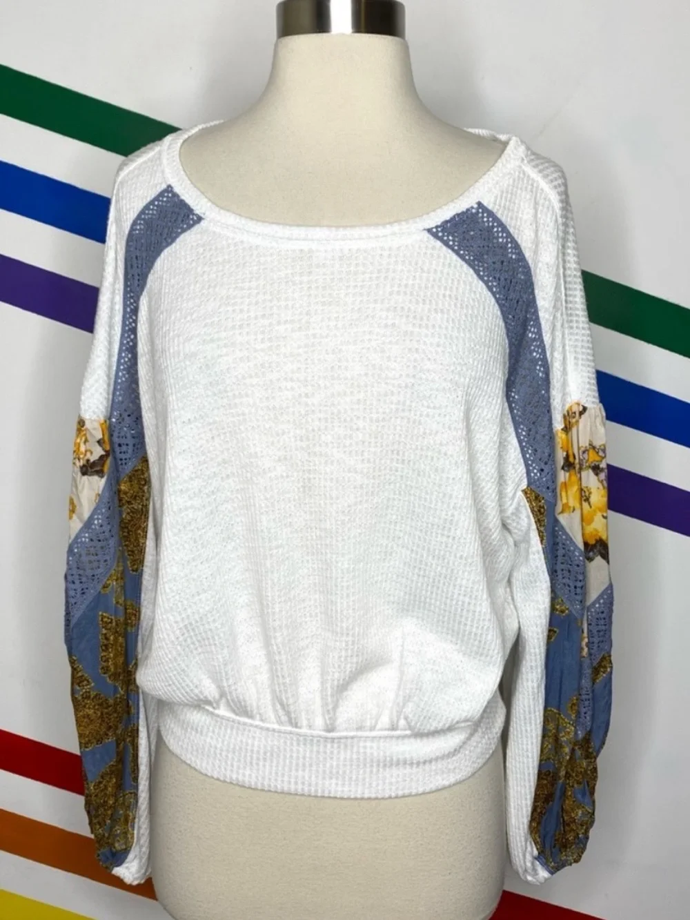 NEW Free People Casual Clash Thermal Ivory Blue Floral Balloon Sleeve Top XS